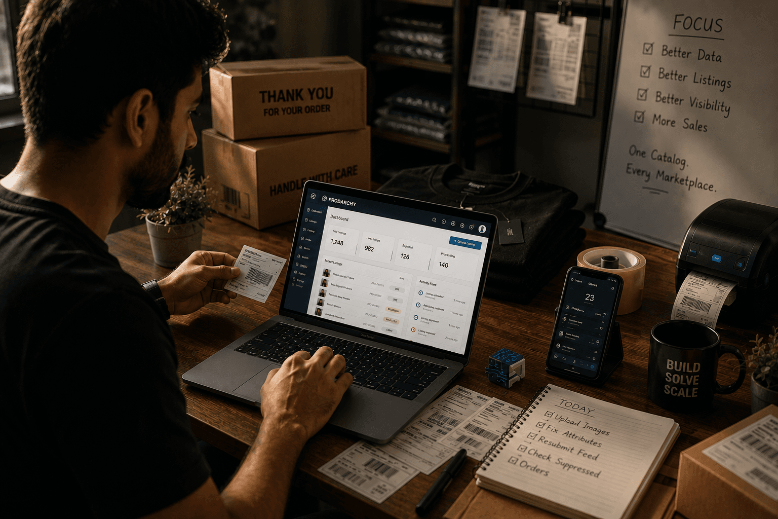 Founder at a marketplace seller's desk with the Prodarchy dashboard open